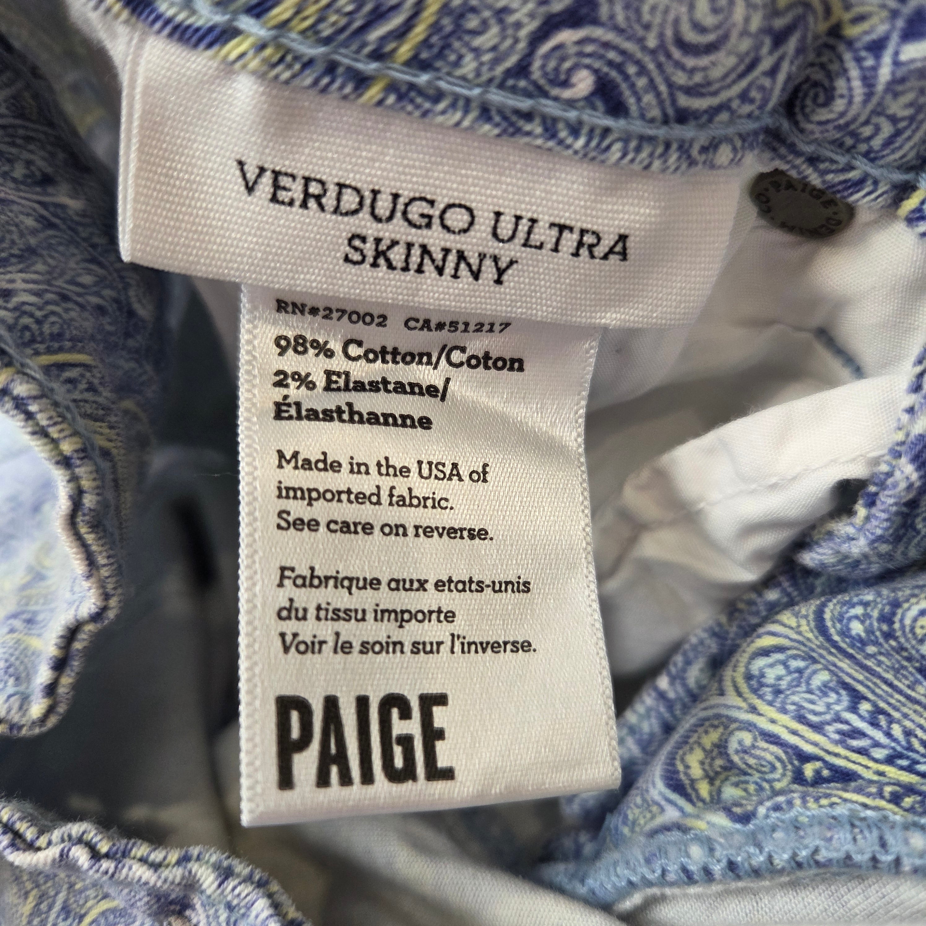 Paige Paisley Blue Verdugo Ultra Skinny Jeans